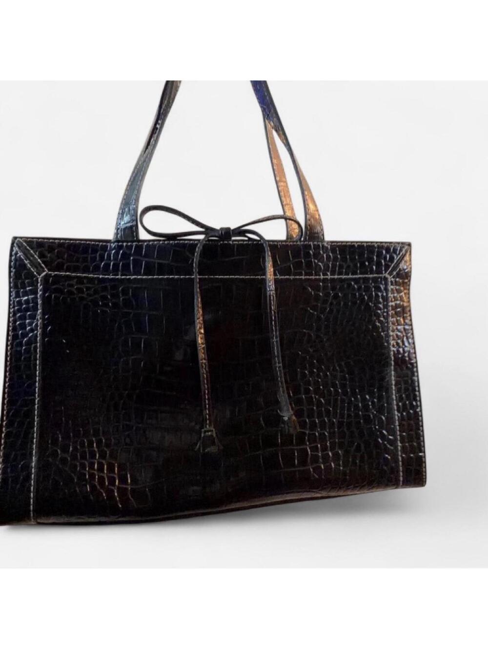 Black crocodile print shoulder bag with bow detail #crocodileprint